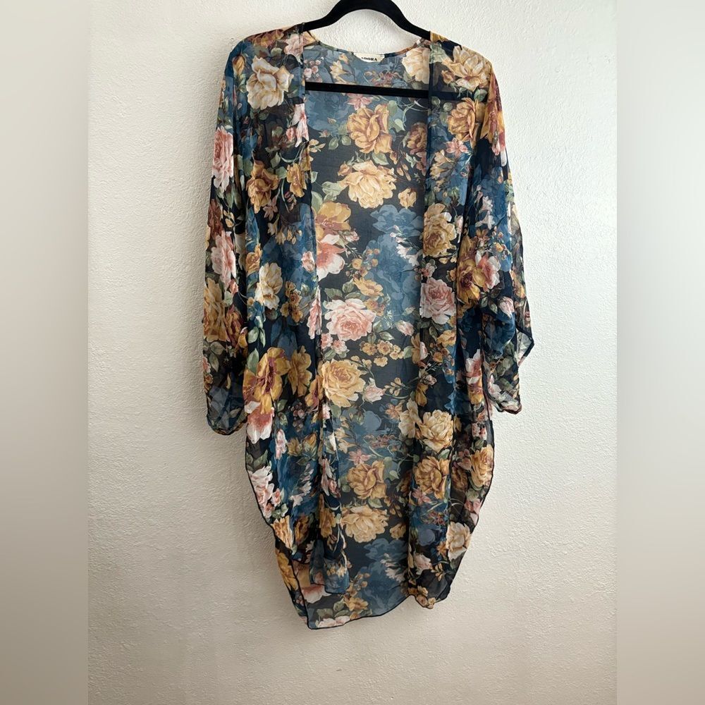 Adorable Floral Kimono Robe - Blue and Yellow wide sleeves open sides size S